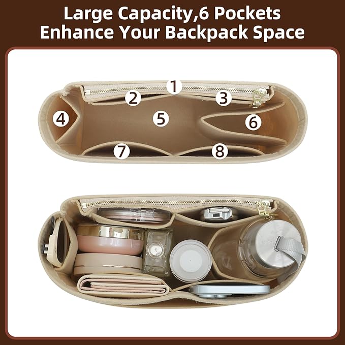 Doxo Backpack Organzier Insert Compatible with Longchamp Le Pliage Bag and More (9" L x 3.2" W x 6.7" H, Beige)