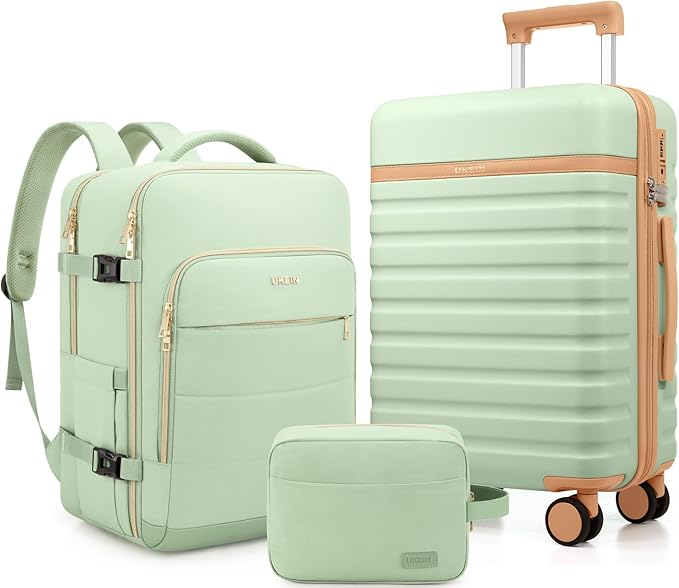 Luggage Sets 3 Piece, Carry On Luggage 20In With Spinner Wheels,PC Hardside Suitcase Set with TSA Lock,Durable Carry On Suitcase With Travel Backpack for Men (Light Green, 3 piece set (BP/20inch))