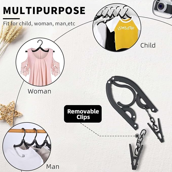 12pcs Black Travel Hangers with 24pcs Clips Foldable for Suitcase, Portable Folding Clothes Hangers, Cruise Ship Essentials Drying Rack for Portable Travel Accessories