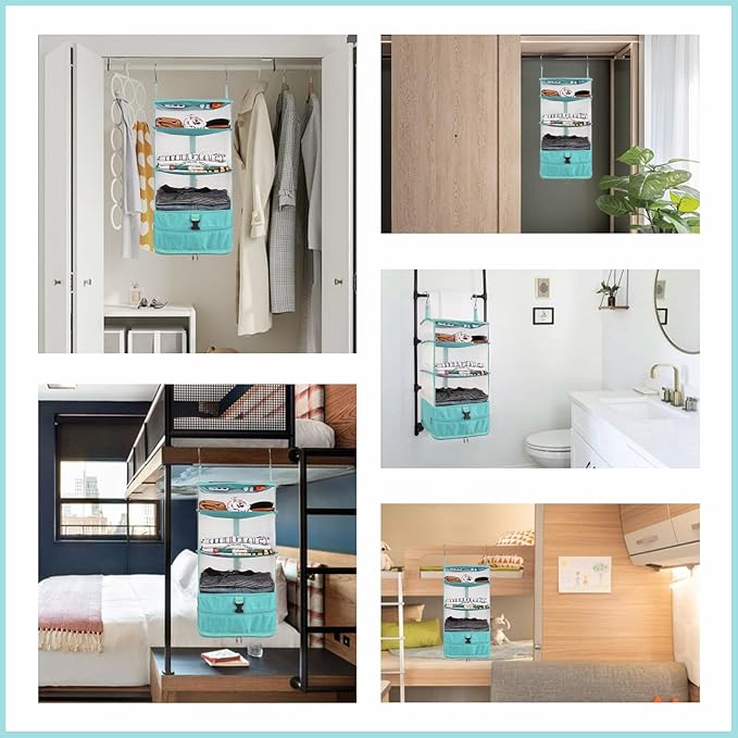 Surblue Hanging Closet Storage Bag Collapsible 3-Shelf Washable Oxford Fabric with 2 Hooks (L 11.41 * 11.41 * 19.68in, Aqua Blue)