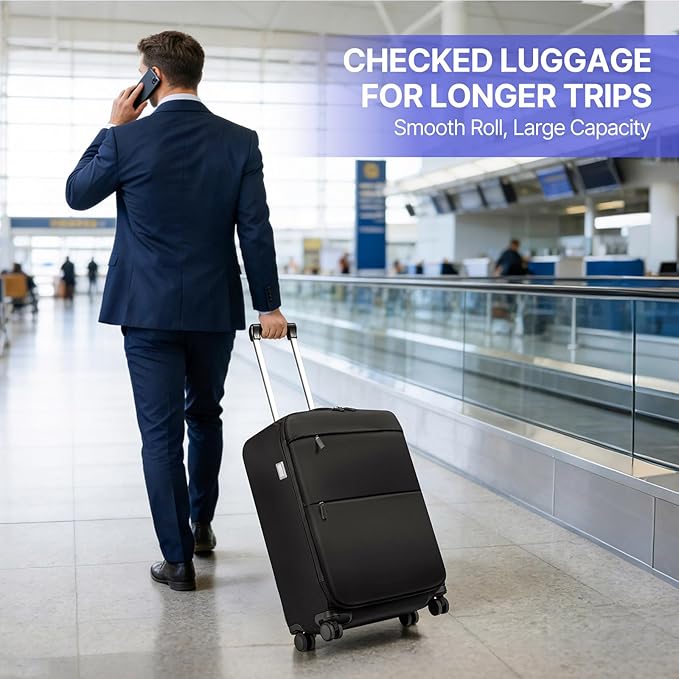 Checked Luggage, Softside Suitcases with Spinner Wheels, Lightweight Checked-Suitcase with TSA Lock for Women Men, Large Luggage for Travel Business Trip (Black, 25-Inch)