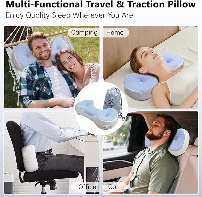 Cervical Neck Roll Pillow, Say Goodbye to Neck Pain, Travel Neck Support Pillow for Side Sleepers, Ergonomic Memory Foam Camping Pillow, Cervical Traction Device with Storage Bag
