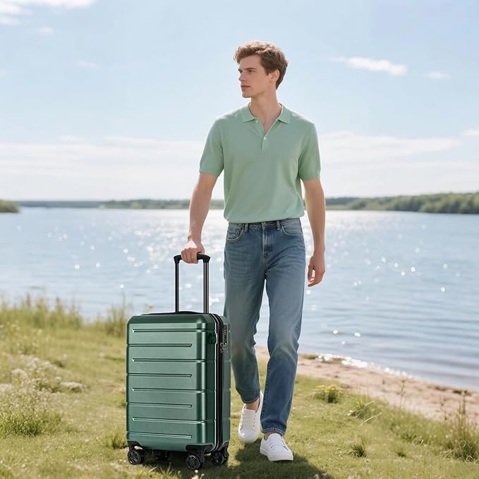 KYME Carry On Luggage 22x14x9 Airline Approved Hardshell Carry On Suitcases with Wheels Travel Rolling 20 Inch Luggage with Cup Holder for Men Women,Carry-on Green