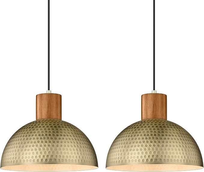 ELYONA 2 Pack Hammered Pendant Lights 12” Vintage Metal & Wood Dome Hanging Lamp Antique Gold Industrial Kitchen Pendant Light Fixtures for Island, Farmhouse, Dining Room, Sink, Hallway, Brushed Brass