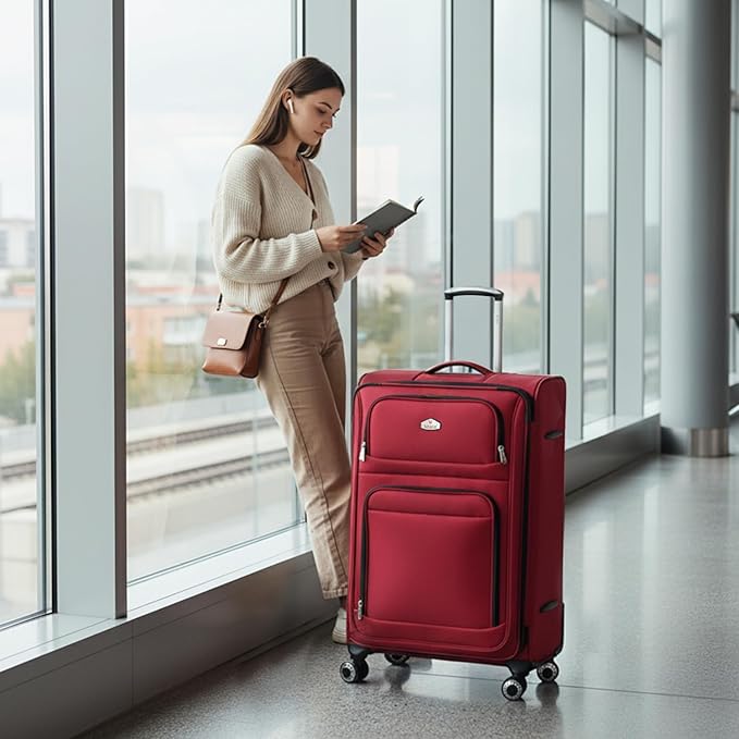 30'' Large Softside Suitcase,Expandable 15% Luggage,w/Double Spinner Wheels w/Combination LOCK,Lightweight Travel Suitcase for Travel(Red,30in)