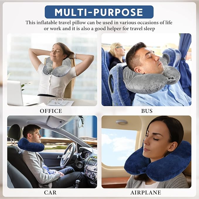 Sintuff 2 Pack Inflatable Travel Pillow for Airplanes Inflatable Neck Flight Pillows with Compact Bag and Blindfold for Traveling, Airplane, Train, Car, Office (Light Gray and Dark Blue)