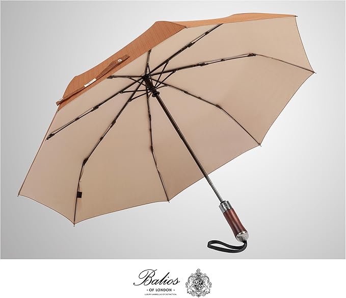 Balios (Designed in UK) Travel Umbrella Luxurious Golden Hardwood Handle Auto Open & Close Windproof Frame Single Canopy Automatic Folding Umbrella Men's & Ladies