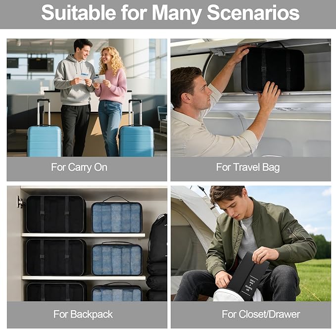 8 Set Packing Cubes for Travel,Suitcase Organizer Bags for Luggage with Shoe & Hanging Toiletry Bag, Vacation Essentials & Accessories for Cruise Ship, Airplane Must-Have,Road Trip & Camp Gifts(Black)