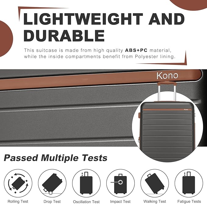 Kono Expandable 20 Inch Carry On Suitcase Airline Approved, Lightweight ABS+PC Hardshell Luggage with 360° Silent Spinner Wheels, Grey/Brown