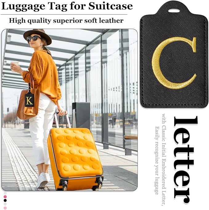 Personalized Initial Luggage Tags for Suitcases,Leather Letter Cute Luggage Tags with Privacy Name Card,Embroidered Monogrammed Travel Bag Backpack Tag Gifts for Women Kids Girls Teens(Black-C)