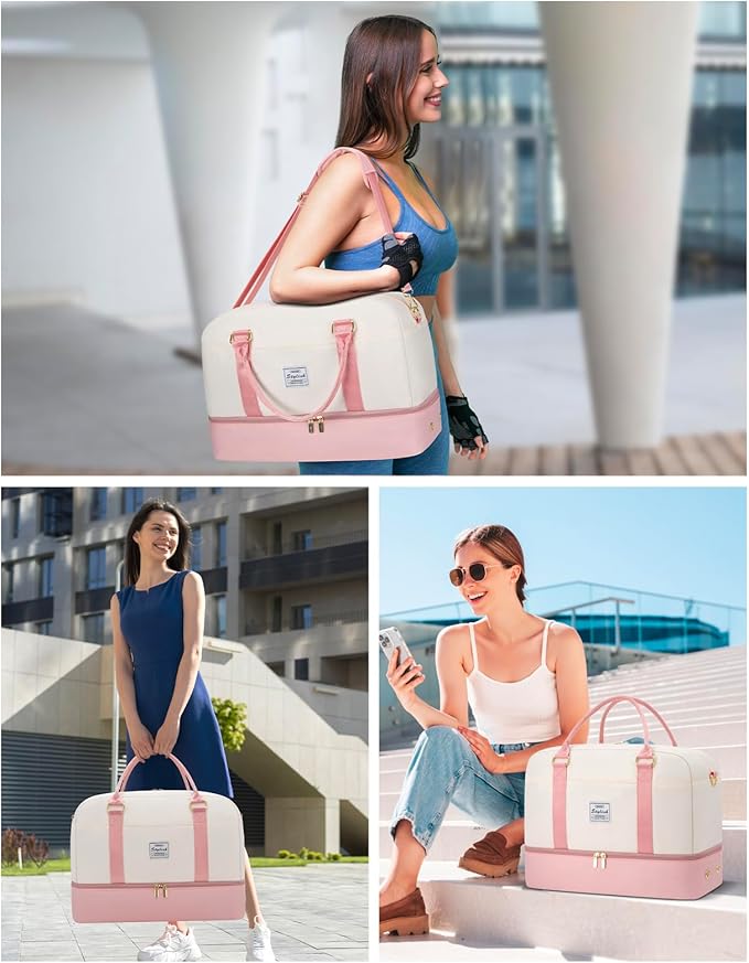 Weekender Travel Duffle Bag for Women: Overnight Bags with Shoe Compartment Carry on Bags for Airplanes with Toiletry Bag Yoga Gym Bag with Wet Pocket Travel Duffel Tote Bag Hospital Bag Pink Beige