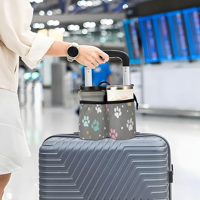 Luggage Cup Holder for Suitcases Free Hands Travel Cup Holder Portable Suitcase Cup Drink Holder Luggage Cup Caddy Bag Carrier Paw Print Dots Stars Grey