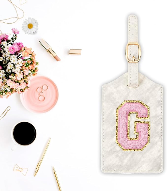 Initial Luggage Tag, PU Leather Luggage Tag, Embroidered Luggage Tag, Letter Luggage Tag, Monogrammed Luggage Tag, Luggage Tag for Baggage Bag Suitcase (G, White Leather+Pink Letter)