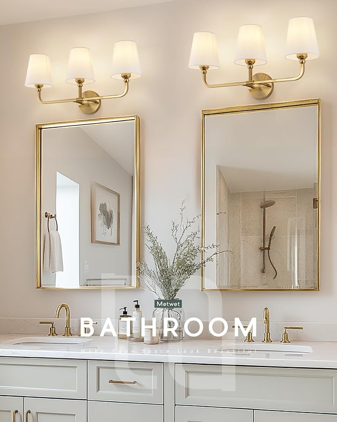 3-Light Brushed Gold Bathroom Vanity Light, Beige Fabric Shades | 24.5" bathroom light fixtures over mirror, upward only, E26 base, bulbs not included, VL837-BG-B-3