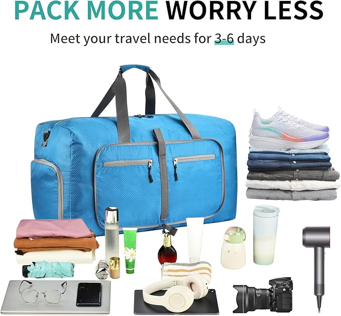 Dimayar Travel Duffle Bag for Men Women - Foldable Duffel Bag with Shoes Compartment - Overnight Bags Waterproof & Tear Resistant(85L,Light Blue)