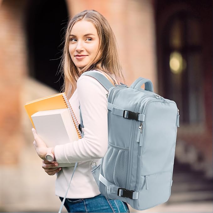 Hanples Large Travel Backpack for Women, 40L Carry on Luggage Backpack, 17 Inch Laptop Backpack with USB Charging Port, Waterproof Casual Bag Gift for Men with 2 Toiletry Bags (Light Blue)