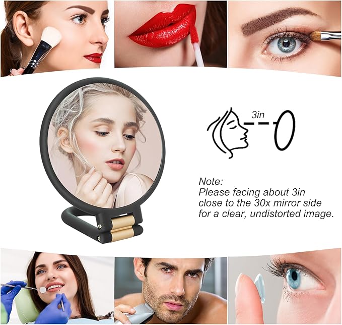 Sifolo 30x Magnifying Mirror, Travel Hand Mirrors with Handle - Double Side Handheld Mirror with 1X 30X Magnification & Adjustable Handle/Stand, Hand Held Foldable Travel Mirror for Makeup(Black)