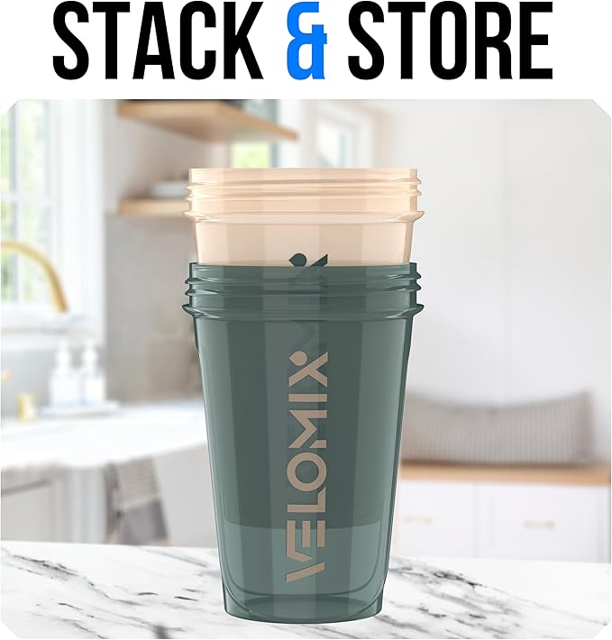 VELOMIX -2 Pack- 20 oz Protein Shaker Bottles for Protein Mixes - 2x Wire Whisk | Leak Proof Shaker Cups for Protein Shakes and Pre Workout | Protein Shaker Bottle Pack (Blue&Beige)