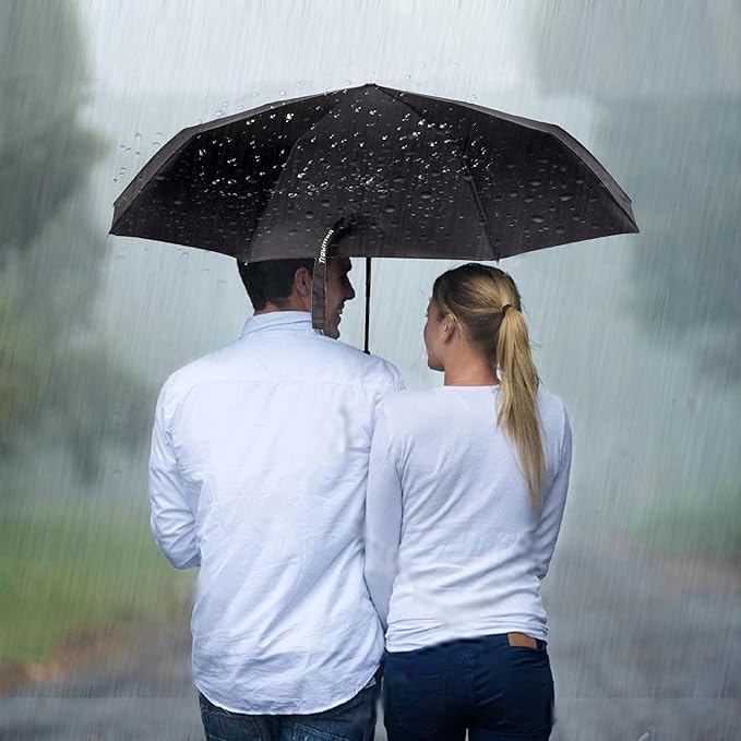 TradMall Travel Umbrella Windproof with 56 Inches Large Canopy 10 Reinforced Fiberglass Ribs Ergonomic Handle Auto Open & Close, Black