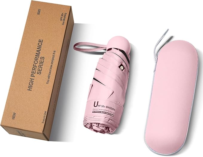BAODINI Travel Essentials Mini Umbrella for Purse With Case Small Compact UV Sun Protection Lightweight Tiny Pocket Manual Open Close Umbrella for Women Kids and Men Fits Purse Backpack