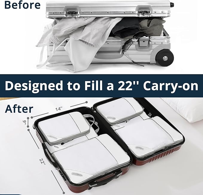 Compression Packing Cubes 6 Set, Compressible Space-Saving Packing Cubes for Travel - Compression Bags, Luggage Organizer, Travel Essentials for Women, White