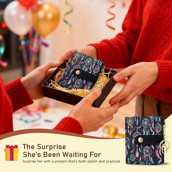 Jogjam Colorful Dream Catchers with Feathers Rfid Ladies Wallet, Small Credit Card Women Wallet, Boho Traditional Circular Net PU Leather Bifold Cash Zipper Coin Pocket for Female Blessing