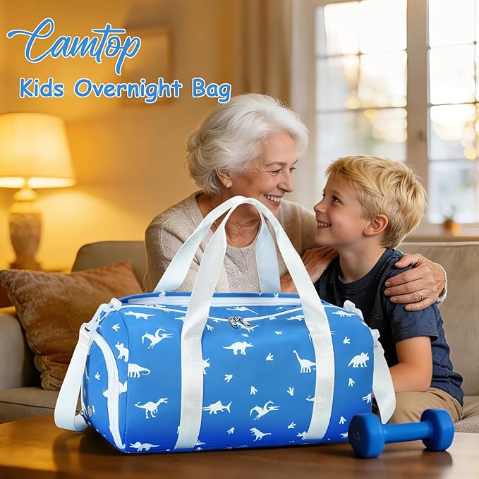 CAMTOP Kids Duffel Overnight Bag Boys Girls Toddler Weekender Carry-On Personalized Tote for Travel Gym Sport (A-Blue White Dinosaur)