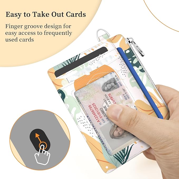 Hancynir Slim Wallet Women Credit Card Holder Abstract Boho Leaves RFID Blocking Small Mini Card Wallets Cute Front Pocket PU Leather Card Case Thin Travel Zipper Coin Cash Ladies Female Wallet Gifts