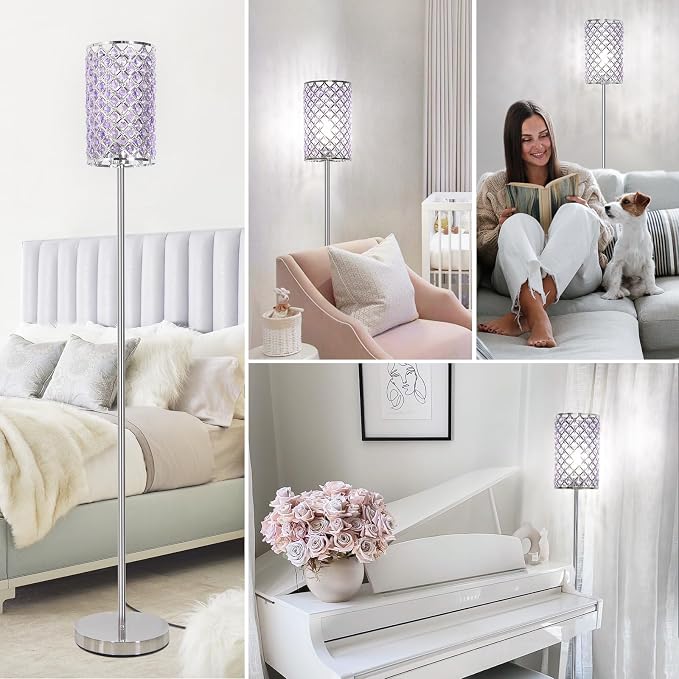 Floor Lamp for Bedroom, Silver Crystal Lamp with Lavender Shade&Foot Switch | Elegant Standing Lamp, Corner Pole Lamp for Girls Bedroom Living Room Office, E26 Base