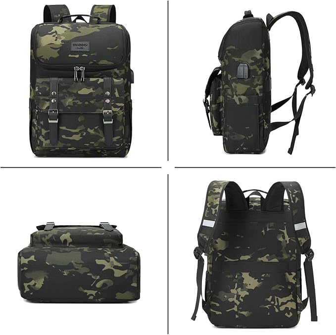 YALUNDISI Vintage Backpack Travel Laptop Backpack with usb Charging Port for Women & Men College Backpack Fits 15.6 Inch Laptop Camouflage Green
