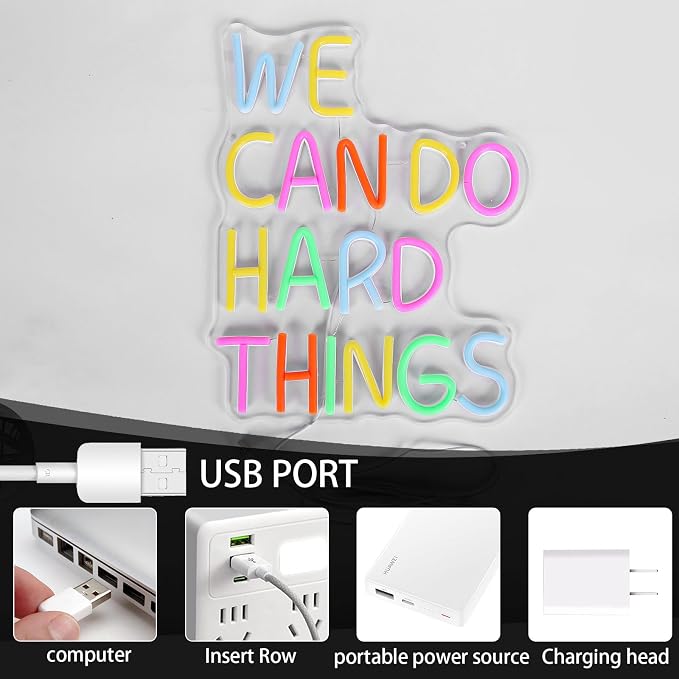 We Can Do Hard Things Neon Sign LED Motivational Light for Classroom Decor | Dimmable Positive Quote Neon Lights for Classroom, Gym, Kids Room, Library, Office, School Decor, Party Backdrop, USB powered
