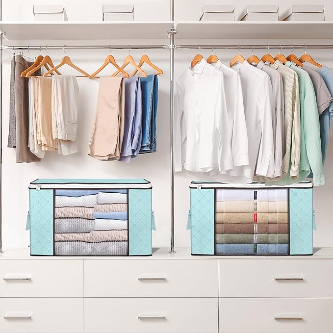 Budding Joy 90L Large Storage Bags, 8 Pack Clothes Storage Bins Foldable Closet Organizer Storage Containers with Durable Handles Storage and Organization, Blanket, Pillows and Toys (Blue)