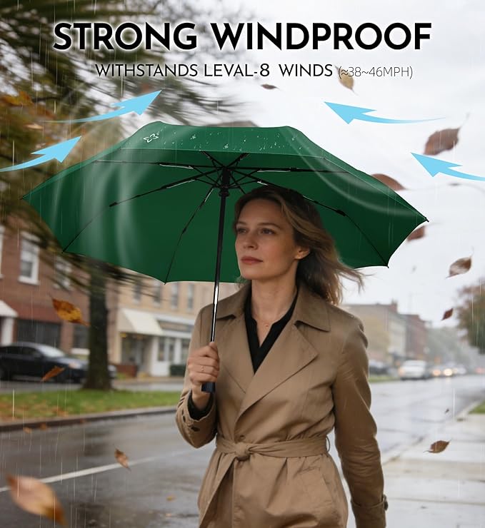 Windproof Travel Umbrella for Rain - 43" Compact Folding Umbrella, Reinforced Strong Frame, Lightweight Portable Parasol with UPF 100+ UV Sun Protection, Cruise Ship Essentials