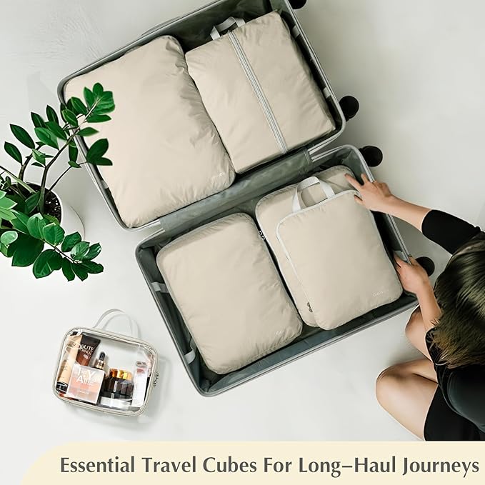 Gonex Compression Packing Cubes, 6pcs Expandable Storage Travel Luggage Bags Organizers with Shoe Bag, Clear Toiletry Bag (Cream)