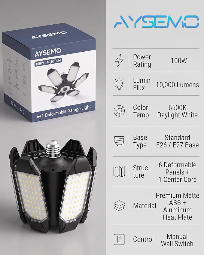 LED Garage Lights, 100W 10000LM Super Bright Light Bulb for Garage Ceiling Lights, 6 Deformable Panels LED Shop Lights for Garage, 6500K Daylight Screw in E26/E27 Garage Lighting-2 Pack