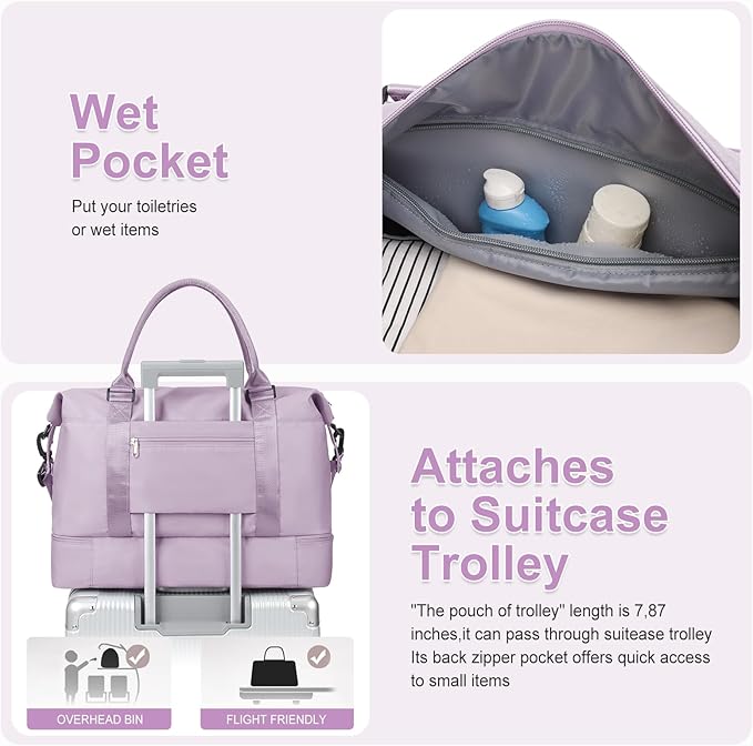 Large Weekender Bags for Women, Travel Duffel Bags with Shoe Compartment,Personal Item Travel Carry on Overnight bag for women Travel Set,Purple