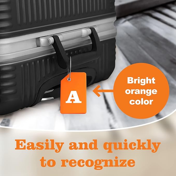 Gostwo 8 Pack Luggage Tags for Suitcases, 26 Initial Letter Travel Luggage Baggage Identification Labels ID Tags Fully Bendable Tags with Stainless Steel Loop (Letter A, Orange)