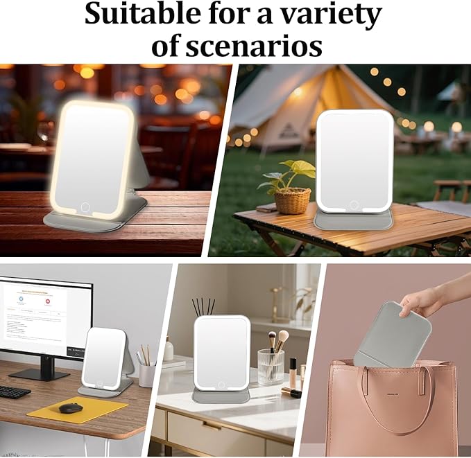 Rechargeable Travel Mirror with Light, LED Makeup Mirror with Lights, Portable Vanity Mirror with 3 Color Lighting, Touch Dimmable Lighted Cosmetic Mirror, Travel Essentials (Gray)