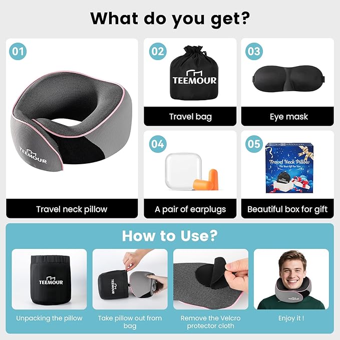 Teemour Travel Neck Pillow Airplane- Upgraded Memory Foam Neck Pillow for Airplanes 360ยฐ Support Desing, with Eye Mask & Earplugs, Portable Carry Bag for Long Flights, Business Trip|Travel Essentials