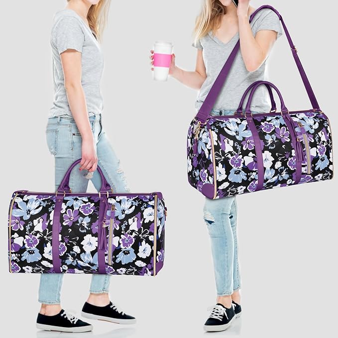 Carry On Garment Bag for Women, Convertible Garment Bag for Travel with Shoe Pouch, Water Resistant Travel Duffel Bag, 2 in 1 Hanging Suitcase Suit Travel Bags Weekender Bag, Floral