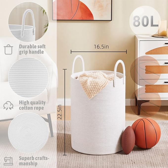 Laundry Basket,Woven Cotton Rope Laundry Hamper,80L for Decorative Storage of Dirty Clothes,Toys and Blankets in Bathroom,Baby Room and Living Room