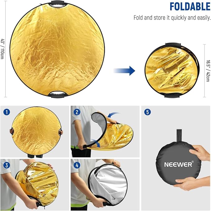 NEEWER 43"/110cm Light Reflector with Clamp & Hand Grips, 5 In 1 Collapsible Multi Disc Photography Reflector Translucent/Silver/Gold/White/Black with 3/8" Thread for Studio Outdoor Lighting, RF-110II | Multi Disc, Photography Reflector, Translucent, S...