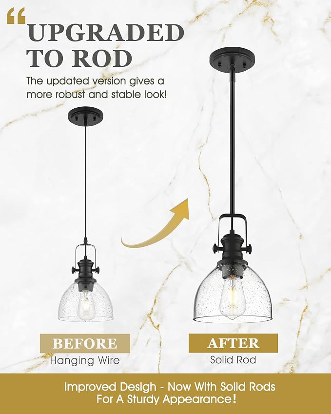 Black Pendant Lights Kitchen Island, 7.5" Farmhouse Pendant Lighting with Clear Seeded Glass Shade, Vintage Hanging Light Fixtures for Dining Room, AD-22151-1P-BK-G