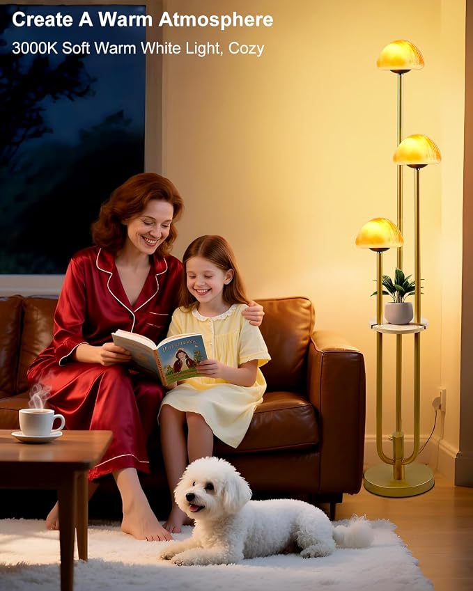Lightdot Gold Dimmable Floor Lamp with Table, Modern Floor Lamps for Living Room 3000K Warm Bulbs Included Tall Standing Lamp with Mushroom Shades with 5Lbs Heavy Base for Sofa Beside/Corner Decor