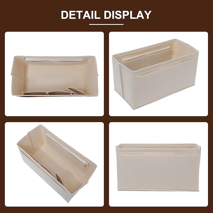 Doxo Felt Purse Organizer Insert for Longchamp Le Pliage L Travel Bag, Longchamp Orgainzer Insert Large with 9 Compartments and Zipper Water Bottle Holder, Fits Long Champ Large Bag (LT, Beige)