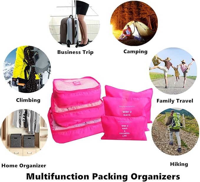6 Set Packing Cubes Laundry Pouch, Travel Storage Bag Organizer Pouch, Luggage Packing Organizer Bags, Compression Bags for Backpack Suitcases (Hot Pink)