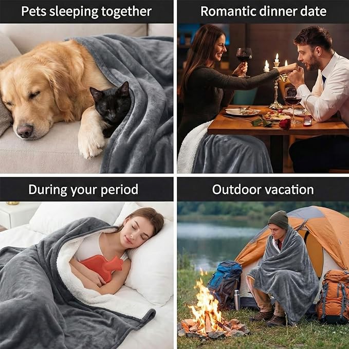 Tisancy King Size Waterproof Blanket for Bed Couch, 80'' x 80'' Double Side Leakproof Reversible Sherpa Flannel Fleece 3-Layer Lightweight Blanket, Absorbs 70oz(Gray/White), Machine Washable