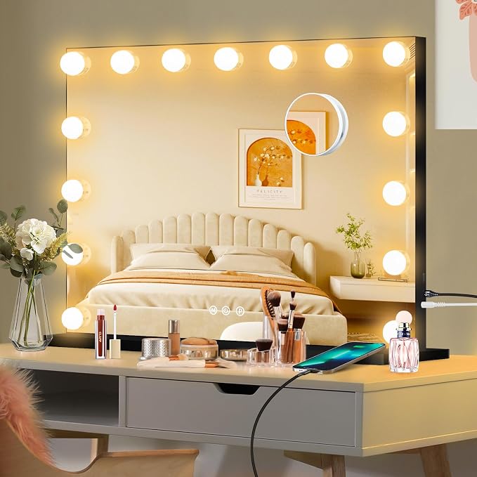 Moonee Vanity Mirror with Lights, Black Hollywood Lighted Makeup Mirror with 15 Dimmable Bulbs and 10X Magnification, 3 Colors Modes, Aluminum Metal Frame, Light Up Mirror for Tabletop/Wall(23" x 18")