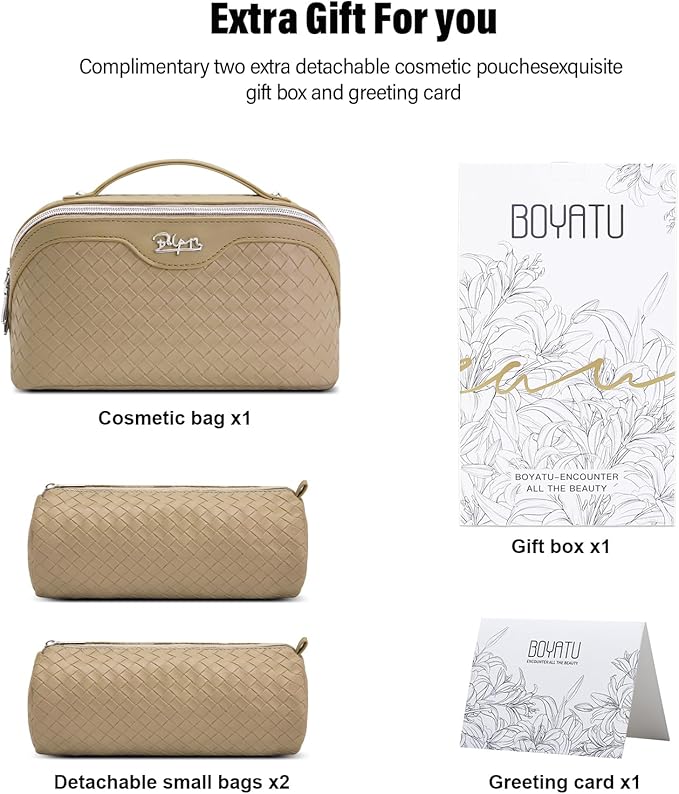 BOYATU Travel Makeup Bag Cosmetic Bags for Women: Large Capacity 3 Pcs Set Make up Bag with Compartments - Waterproof Vegan Leather Toiletry Organizer Bags with Handle (L12 Apricot)