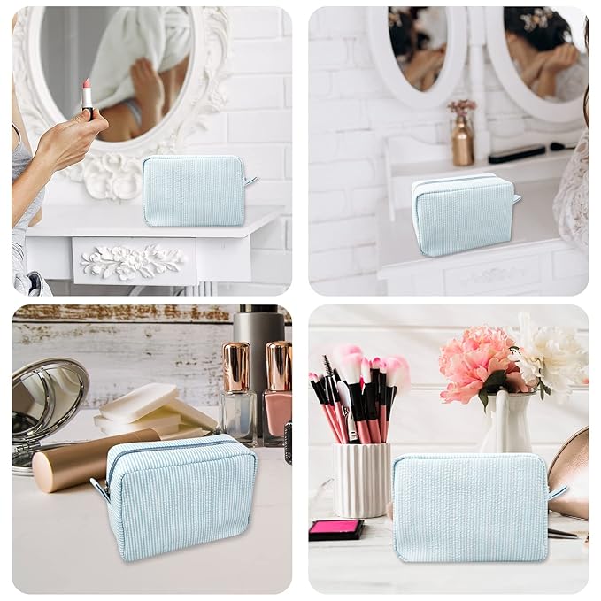GFU Makeup Bag for Women, Cute Cosmetic Bag, Lightweight Toiletry Make up Bag, Large Seersucker Aesthetic Organizer Storage Pouch for Girls, Women and Moms Gifts, Lightblue